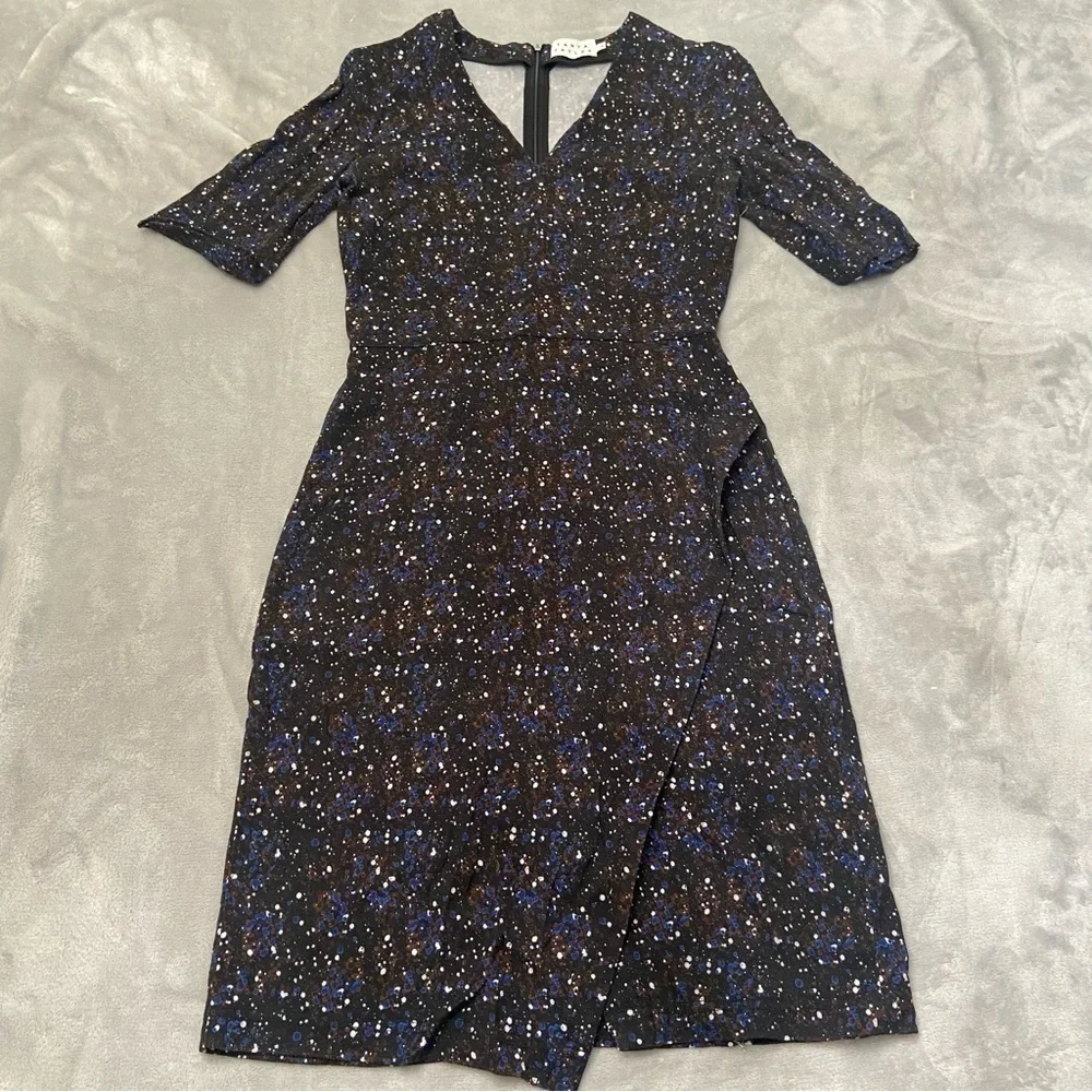 Tanya Taylor Printed Sheath Dress Black Blue dotted splatter print 21832